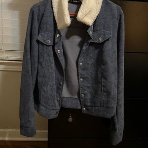 SHEIN Women's Navy Corduroy Bomber Jacket with White Sherpa Collar